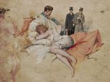 painting of a man and woman sitting on a bed with a dog