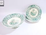 deux assiettes vertes et blanches ornées de motifs, posées sur une surface blanche