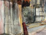 a watercolor painting of a street corner with a red awning