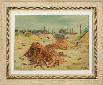 une peinture à l'huile représentant un tas de gravats sur une plage