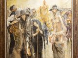 une peinture à l'huile représentant un groupe de personnes marchant dans une rue