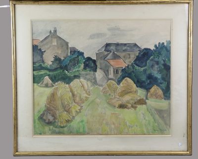 painting of a farm scene with hay bales and a barn in the background