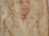 un vieux dessin représentant un bébé avec une main posée sur sa poitrine