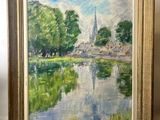 an oil painting of a river with a church in the background
