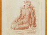 dessin représentant une femme nue assise par terre, dans un cadre en bois