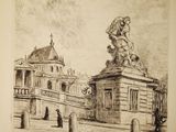 drawing of a statue in front of a building with a bridge in the background