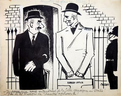drawing of two men in suits and hats standing in front of a gate