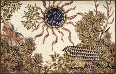 tableau représentant un soleil et un bateau au milieu d'une forêt