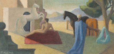 painting of a woman sitting on a bench with a horse in the background