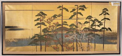 une image représentant un tableau représentant un paysage avec des arbres et une montagne en arrière-plan