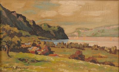une peinture à l'huile représentant un couple assis sur une colline surplombant un plan d'eau
