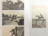 three black and white photographs of horses and riders jumping over a jump