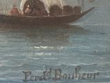 a painting of a boat with people in it on the water