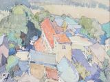 an image of a painting of a village with a church in the distance