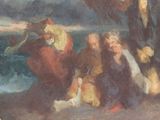 a painting of a group of people sitting on the beach