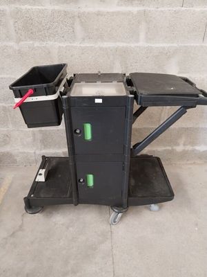 a black cart with two bins on top of it