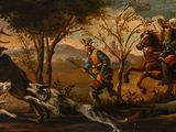 a painting of a man riding a horse with a dog chasing him