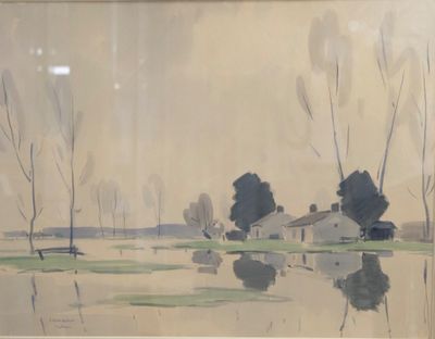 a picture of a painting of a landscape with a bench