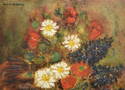 a painting of flowers in a vase on a table