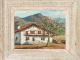 un tableau représentant une maison avec un arbre devant