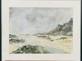 an image of a painting of a beach scene in a wooden frame