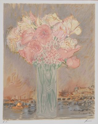 tableau représentant un vase de fleurs posé sur une table, avec une vue de la ville en arrière-plan