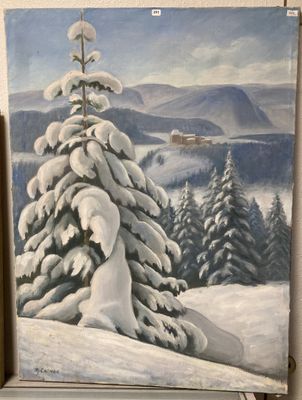 tableau représentant un arbre recouvert de neige au milieu d'un paysage enneigé