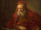 a painting of an old man with a long beard and a red robe reading a book