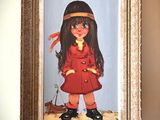 a painting of a girl in a red coat and hat
