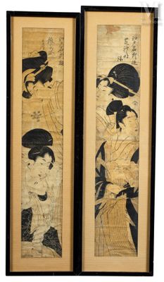 deux tableaux asiatiques encadrés représentant une femme et un enfant
