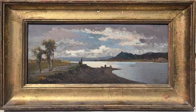 une image représentant un tableau de paysage avec un lac au premier plan