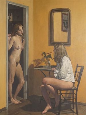 a painting of a woman sitting at a table in front of a naked man