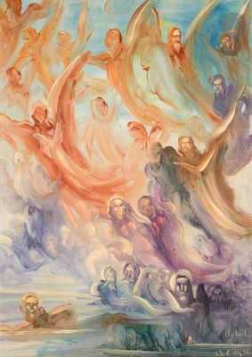 une peinture à l'huile représentant un groupe d'anges survolant une étendue d'eau