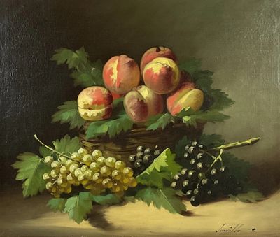 painting of peaches and grapes in a basket on a table