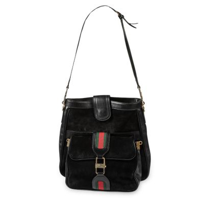 a black purse with a red and green stripe on the front