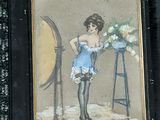 a painting of a woman in a blue dress standing next to a mirror