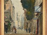 an oil painting of a street scene with people walking down the street
