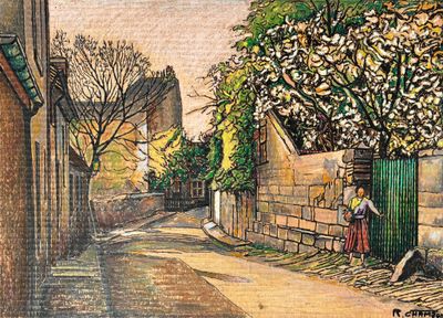 tableau représentant une femme marchant dans une rue d'un village
