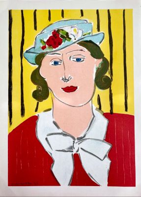 painting of a woman in a blue hat with flowers on her head