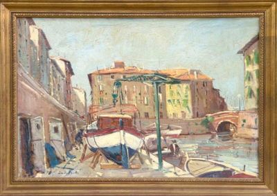an oil painting of a boat docked in a harbor with buildings in the background