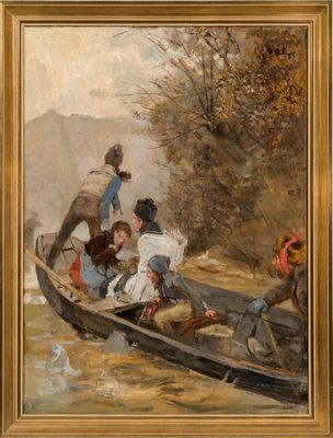 une image représentant un tableau où l'on voit un groupe de personnes dans un bateau