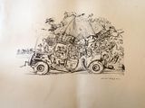un dessin représentant un groupe de personnes dans une voiture