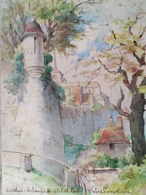 a watercolor painting of a castle on a hill