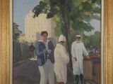 painting of a group of people standing on a sidewalk next to a tree