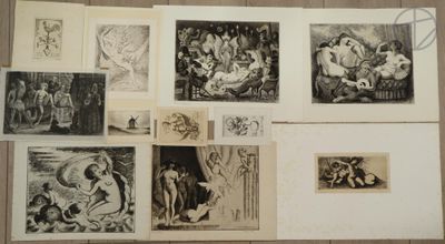 several black and white pictures of people and animals on a table
