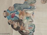 painting of a group of people and a tiger on a white background