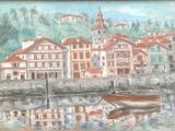 a picture of a painting of a boat in the water