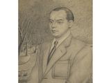 drawing of a man in a suit and tie sitting in a park