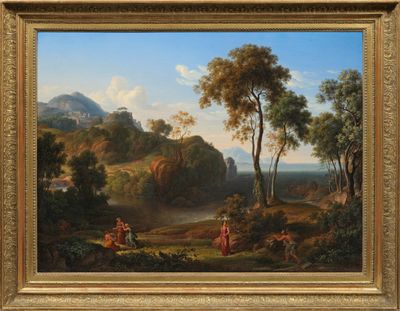 une image représentant un tableau représentant un paysage avec des personnages au premier plan