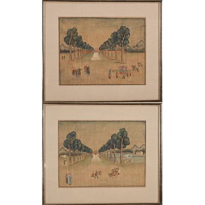 deux tableaux encadrés représentant des personnes dans un champ bordé d'arbres